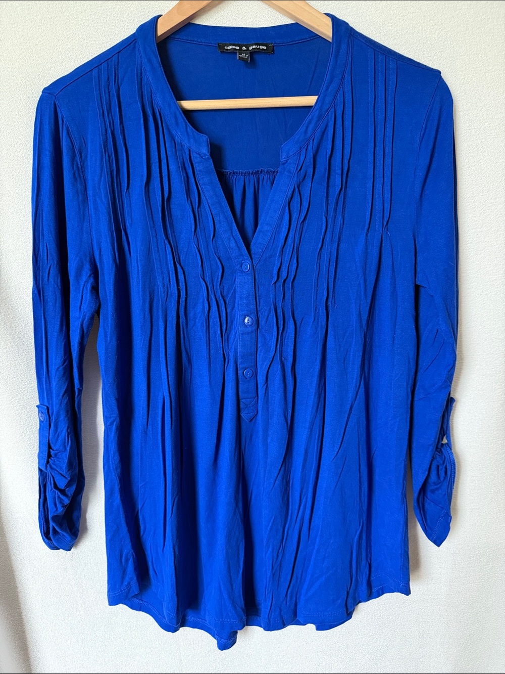 Cable & Gauge Cobalt Blue Pleated Henley Blouse